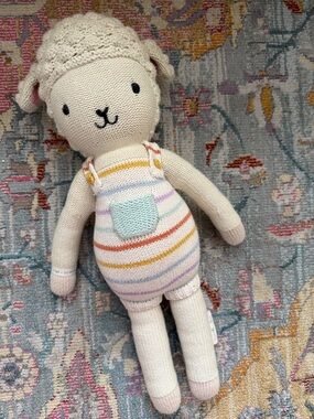 Cuddle + Kind Knitted Lamb Doll with Pastel Striped Overalls
